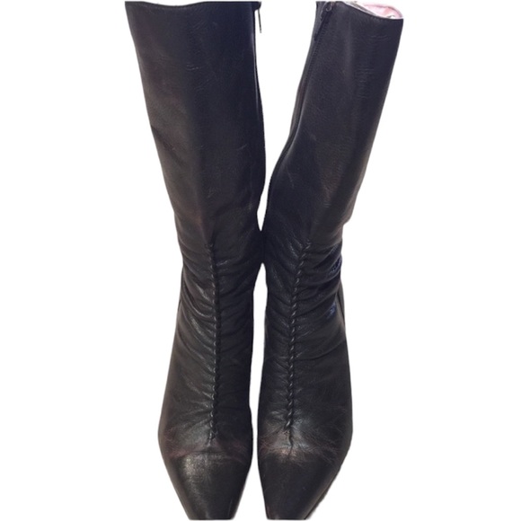 Mid calf leather heel dark chocolate brown boots - Picture 3 of 8